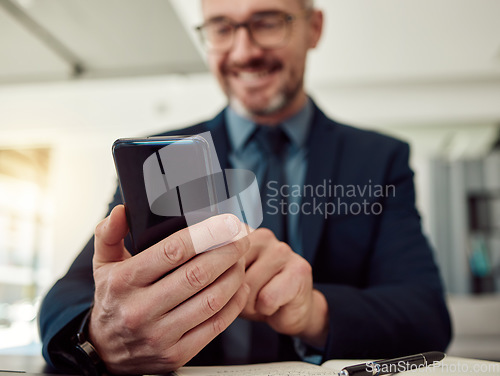 Image of Business man, hands and typing with phone on corporate news app, reading stock market information and trading online. Closeup of entrepreneur, trader and mobile chat notification for social network