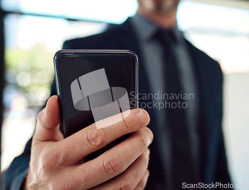 Image of Business man, hands and smartphone for reading corporate news app, stock market information and contact. Closeup, trader and mobile technology for social network, notification and trading on internet