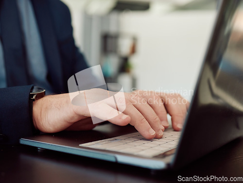 Image of Hands, business man and laptop keyboard for planning research, data information or administration. Closeup, corporate worker or typing on computer for online report, editing email or digital software