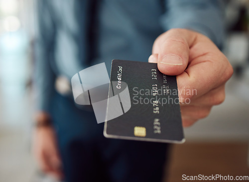 Image of Business man giving credit card with hands for finance, accounting budget and banking investment. Closeup of worker offer payment for online shopping, fintech and trading money in financial economy