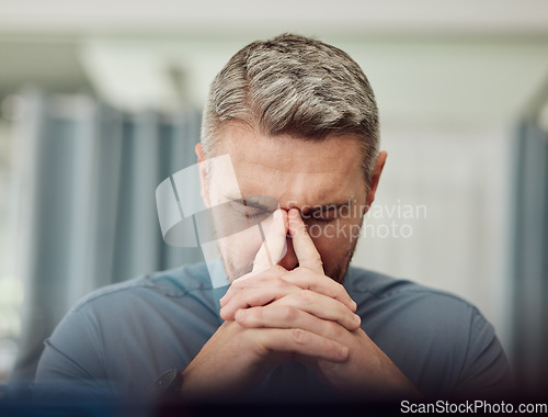 Image of Face of business man, headache and stress of debt, burnout and mistake of stock market crash. Frustrated corporate manager with anxiety for bankruptcy problem, doubt and fail of crisis in depression