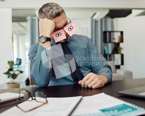 Image of Tired, sticky notes and businessman sleeping in his office with a burnout, exhaustion or overworked. Overtime, rest and professional mature male lawyer taking nap on his lunch break in the workplace.