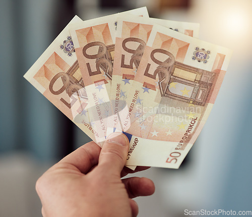 Image of Investment, hands and money fan of euros for banking, trading paper bills and economy of financial freedom. Closeup of rich investor, profit and income of bonus, cash savings or wealth of accounting