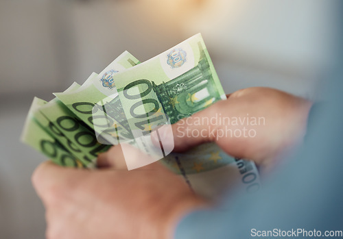 Image of Money fan, hands and investment of euros for banking, paper bills and budget of financial freedom. Closeup of rich investor, salary and income of bonus finance, cash savings and wealth for accounting