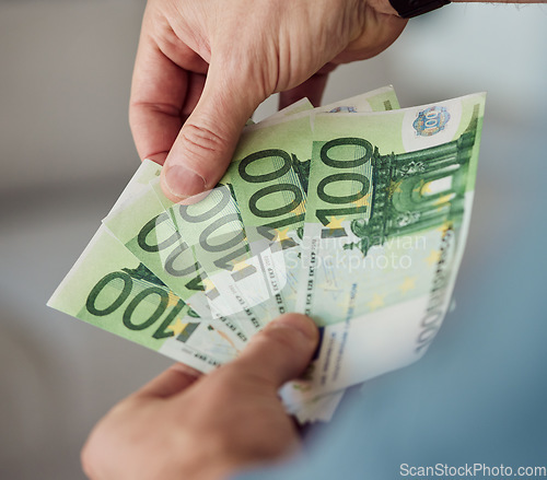 Image of Person, hands and money fan of euros for banking, exchange bills and investment budget of financial freedom. Closeup of rich investor, profit and income of bonus, cash savings or wealth of accounting