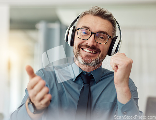 Image of Portrait, business and man on video call with headphones for communication, speaking and online chat in home. Happy face, webinar and mature professional manager in virtual meeting for remote work