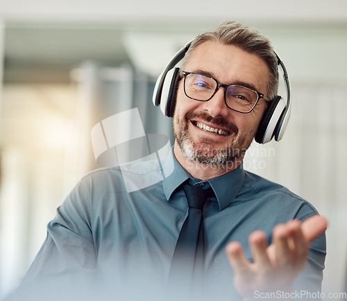 Image of Portrait, business and man with a smile, video call and communication with network, headphones and webinar. Face, presenter and employee with a headset, online meeting and speaker with connection