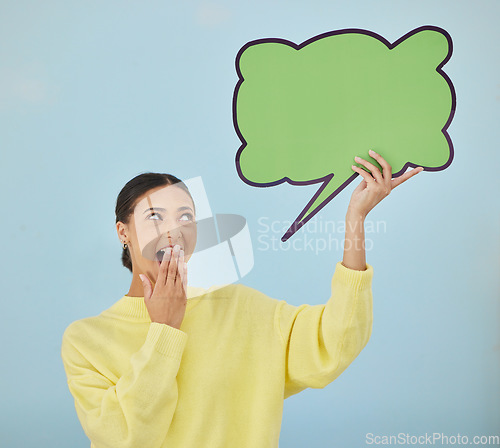 Image of Social media woman, surprise or mockup speech bubble for wow opinion, studio news space or sales promotion voice. Notification poster, billboard deal or shocked announcement person on blue background