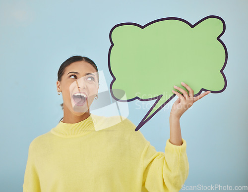 Image of Social media woman, excited and mockup speech bubble for sales opinion, studio news space or comic voice chat. Cloud poster, billboard design announcement or person communication on blue background