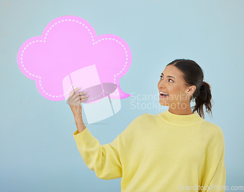 Image of Social media, happiness and woman with mockup speech bubble for voting opinion, studio advertising space or branding. Information, billboard design or feedback person announcement on blue background