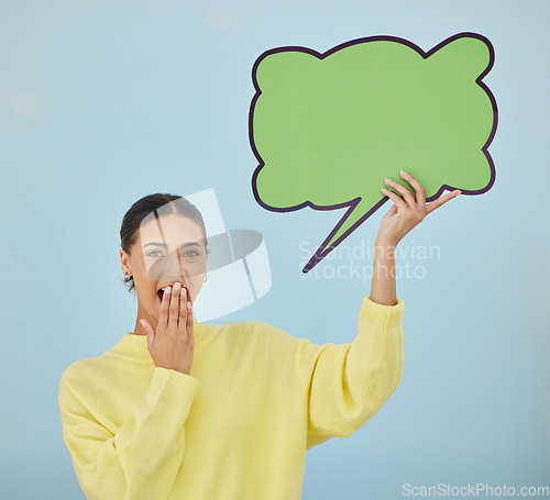 Image of Social media, woman portrait or mockup speech bubble for surprise news, chat communication or sales discount voice. Notification banner, wow promotion deal or shocked studio person on blue background