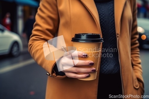 Image of Woman hand with paper cup of coffee