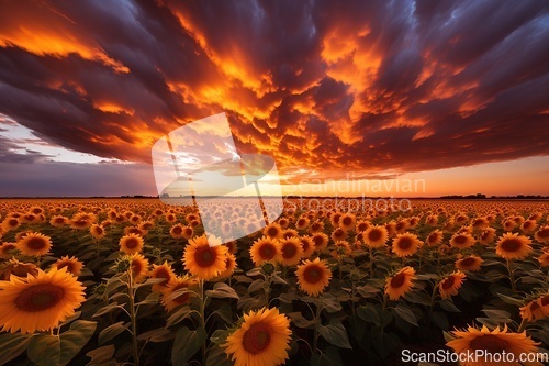 Image of Sunflowers field and sunset sky