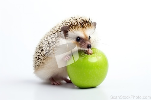 Image of Cute hedgehog with apple on white