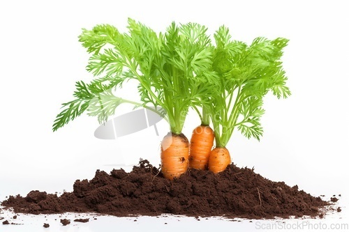 Image of Carrots grow in soil on white