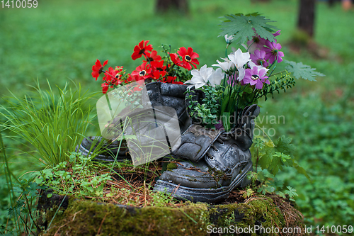 Image of Touristic boot with flowers in the forest.