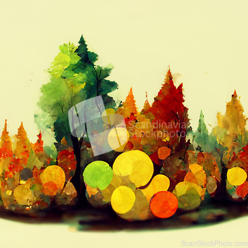 Image of Autumn forest landscape. Colorful watercolor painting of fall se