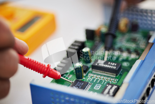 Image of Closeup, motherboard and engineer solder circuit board for technology, electrical hardware or CPU microchip. Hands of technician, IT electronics and iron welding tools to upgrade semiconductor system