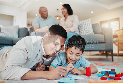 Image of Dad, child and drawing, playing on floor of living room and bonding with quality time together in family home. Learning, fun and happy father with son, building block games and smile with education.