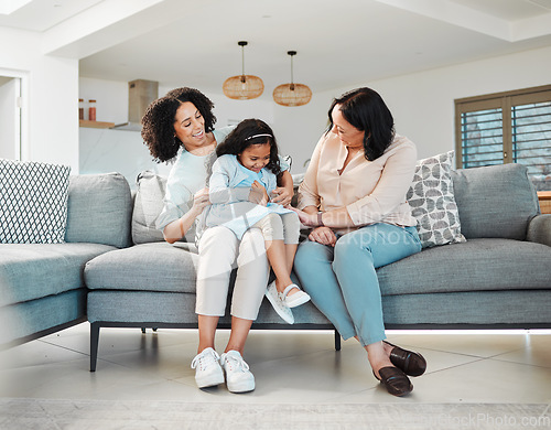 Image of Funny, tickling and mother with kid, grandmother and bonding together in home. Love, happy and mom with grandma, girl and child on sofa in lounge, play game and laughing with family on couch in house