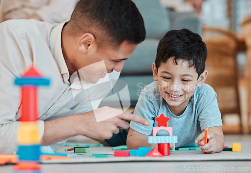Image of Dad, child and toys, playing on floor of living room and bonding with quality time together in family home. Learning, fun and happy father with son, building block games and smile with education.