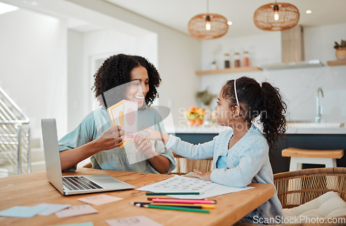 Image of Homework, education and mother with girl with card for learning, child development and studying. Family, school and happy mom with kid at table with paper for creative lesson, teaching and knowledge