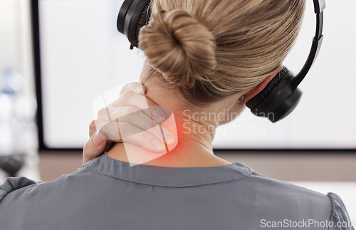 Image of Call center, neck pain and injury with business woman in office for inflammation, burnout and stress. Accident, tired and strain with closeup of female employee for emergency, frustrated and problem