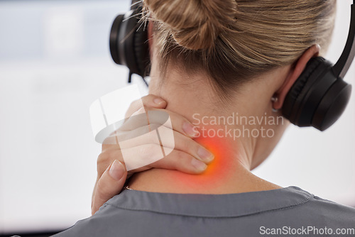 Image of Call center, neck pain and stress with business woman in office for inflammation, burnout and injury. Accident, tired and fatigue with closeup of female employee for emergency, frustrated and problem