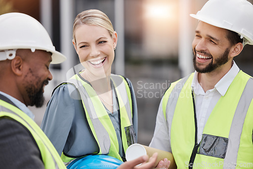 Image of Construction team, communication and laugh with teamwork and builder collaboration. Building engineer, management or maintenance work of contractor group with funny joke on job site with conversation