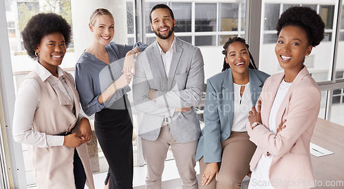 Image of Portrait, business and group with smile at workplace for finance teamwork with pride. Diversity, professional and people with confidence or leadership at corporate company with support or motivation.