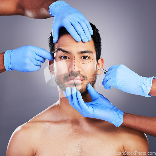 Image of Plastic surgery, hands and drawing with filler portrait of man and surgeon for needle and syringe placement. Skincare, face and dermatology of person with medical procedure and collagen in studio