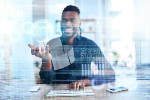 Image of Business man, hologram and future technology in an office for internet connection and innovation. Global, network and a black male person at desk for iot, ai overlay and big data or information