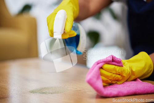 Image of Spray, hands and person cleaning table, furniture and housekeeping services at home. Closeup of cleaner wipe surface with cloth, bottle of chemical product and disinfection of dust, bacteria and dirt