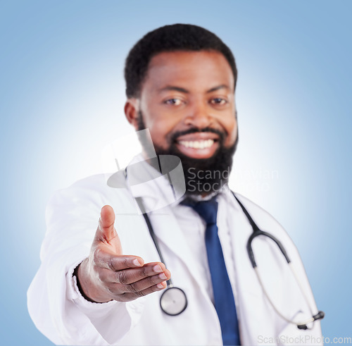 Image of Doctor, portrait and black man in studio with hand, offer or deal, promo or announcement on blue background. Face, smile and African male healthcare expert with advice, questions or invitation sign