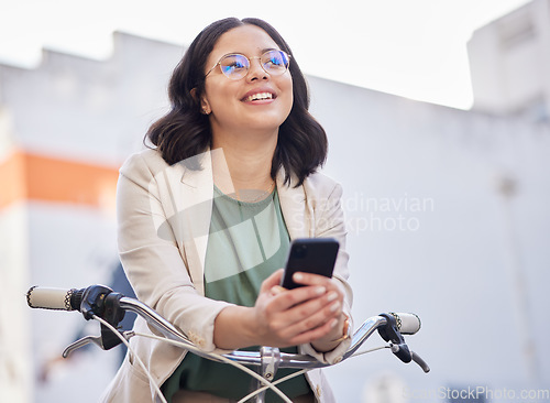 Image of Phone, bicycle and thinking with business woman in city for search, vision and communication. Mobile app, idea and networking with female employee on bike for contact, technology and social media