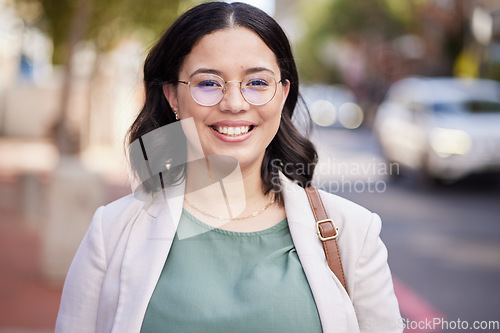 Image of Smile, happy and portrait of business woman in city for professional, pride and entrepreneur. Creative, empowerment and confidence with face of female employee for career, glasses and happiness