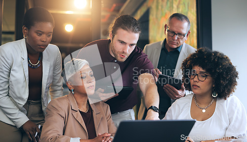 Image of Business people, meeting and collaboration on laptop or planning project, work and employees talking about idea or strategy. Group, brainstorming discussion and teamwork on computer with proposal