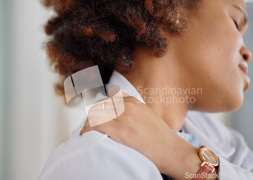 Image of Tired, injury and closeup of woman and neck pain for emergency, accident and inflammation. Physical therapy, exhausted and fatigue with shoulder of female person for muscle, stress and problem