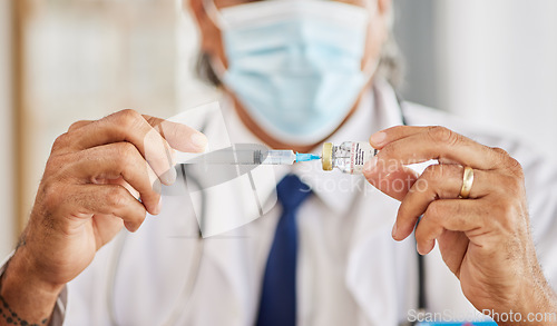 Image of Medical, vaccination and hands of doctor with a needle for a flu, cold or allergy treatment. Professional, injection vial and closeup of healthcare worker with smallpox vaccine syringe in clinic.