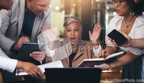 Image of Stress, multitasking and senior business woman with chaos, team pressure and workflow crisis in office. Time management, fail and corporate employee with anxiety, mistake and migraine with documents