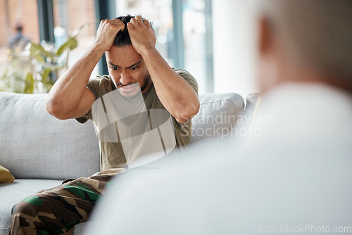 Image of Army anger, ptsd and man in therapy with stress from war and a psychologist for support. Depression, thinking and military worker or soldier with anxiety in counseling with a healthcare professional