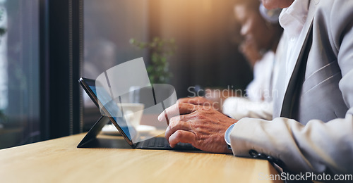 Image of Cafe, tablet and business person hands typing, remote work and online management, research or proposal for e commerce. Corporate worker writing financial report on digital technology at coffee shop