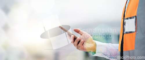 Image of Phone, architecture and hands of person on construction site for engineering, space and communication. Building, social media and banner with closeup of contractor for contact, networking and mockup