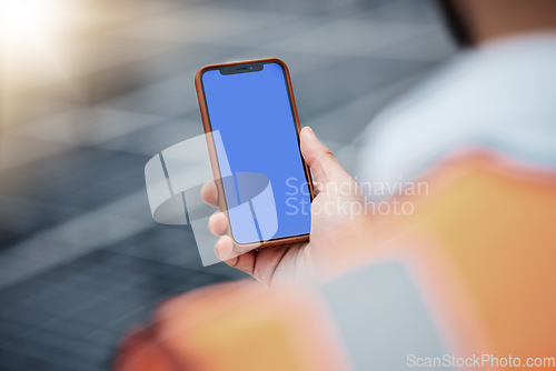 Image of Man, hands and phone mockup on rooftop for communication, construction or outdoor networking. Closeup of male person, architect or engineer working on mobile smartphone display or mock up space