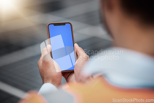 Image of Man, hands and phone mockup in city for communication, construction or outdoor networking. Closeup of male person, architect or engineer working on mobile smartphone app, display or mock up space
