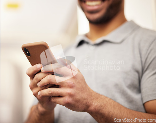 Image of Man, hands and phone typing for social media, communication or networking at home. Closeup of male person texting or chatting on mobile smartphone app for online browsing, streaming or entertainment