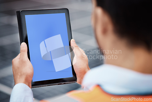 Image of Man, hands and tablet mockup on rooftop for communication, construction or outdoor networking. Closeup of male person, architect or engineer working on technology display or mock up space in the city