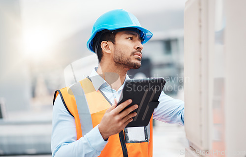 Image of Tablet, engineering and man with air conditioning on roof for repair, maintenance and inspection. Solar power, construction and male worker on digital tech online for service, check and electricity