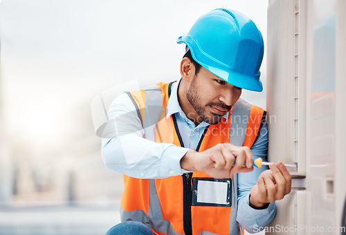 Image of Tool, engineering and man with air conditioner for repair, maintenance and inspection on roof. Solar power, construction and male worker with equipment for service, installation and electricity check