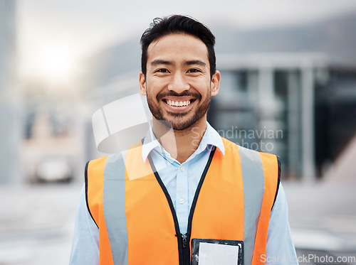 Image of Happy asian man, technician and portrait in city for construction, installation or inspection on rooftop. Male person, engineer or contractor smile for architecture career, building or maintenance